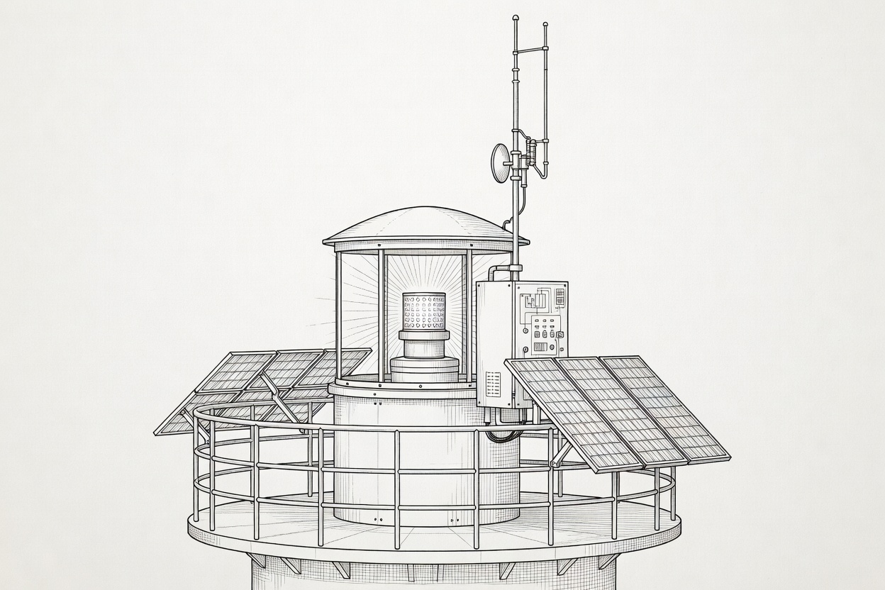 Drawing of an automated lantern room with an LED beacon, control cabinet and telemetry aerial, and a solar array mounted on the gallery rail
