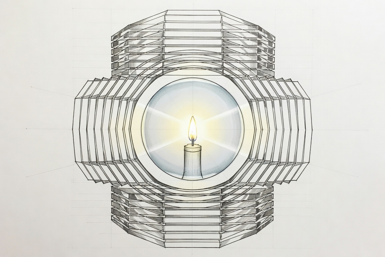 Cross-section drawing of a first-order Fresnel lens showing the central bull's-eye, the dioptric belt and stacked catadioptric prisms above and below, with the lamp at the focus