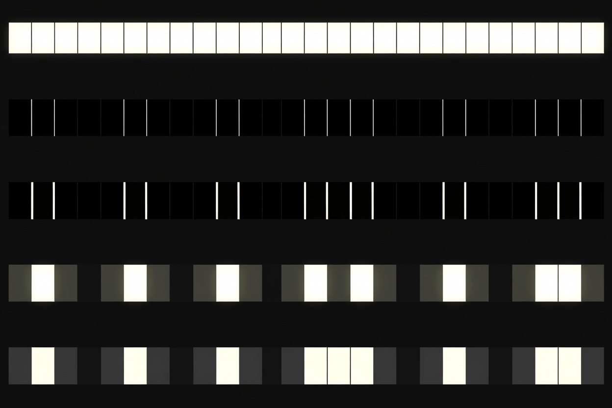 Timing chart drawing showing bars of light and dark for fixed, flashing, group flashing, occulting and isophase characters over one period