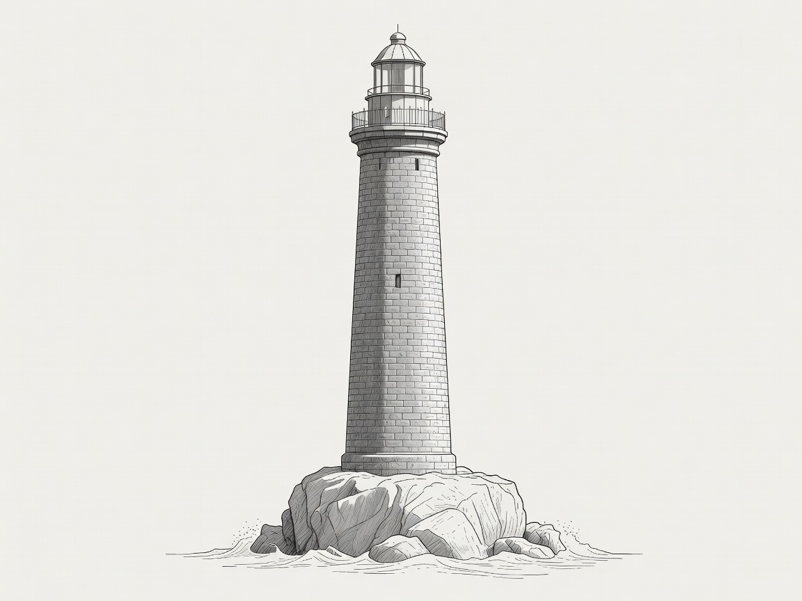 Elevation drawing of a tapering granite lighthouse tower with lantern and gallery, standing on a rock base washed by the sea