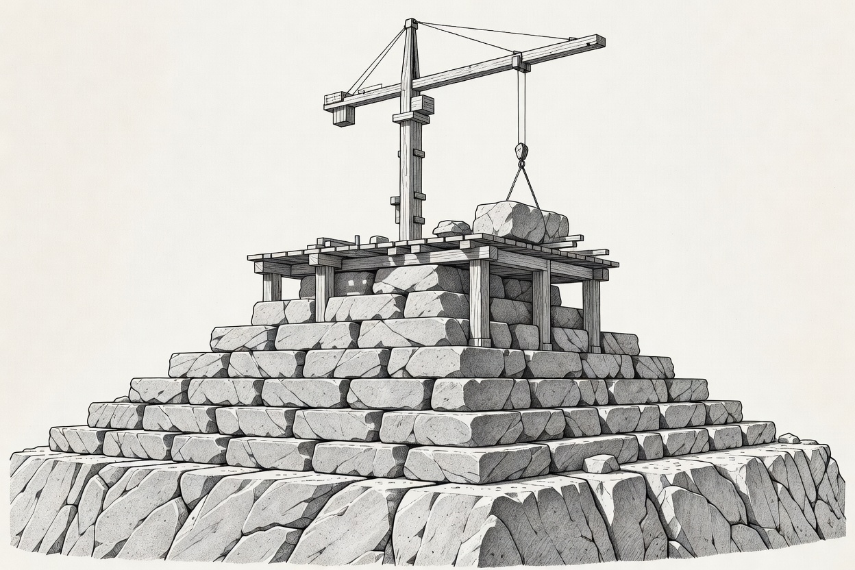 Section drawing of dovetailed granite courses stepped into a levelled rock foundation, with a timber working platform and crane above
